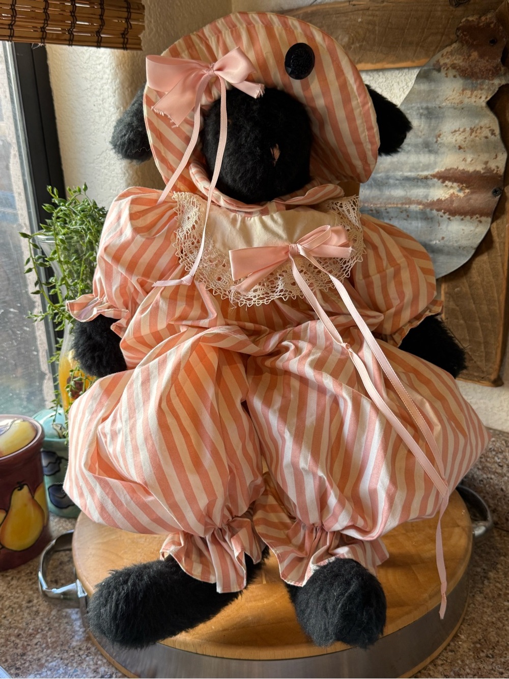 Plush Black Bunny in Pink & White Striped Romper